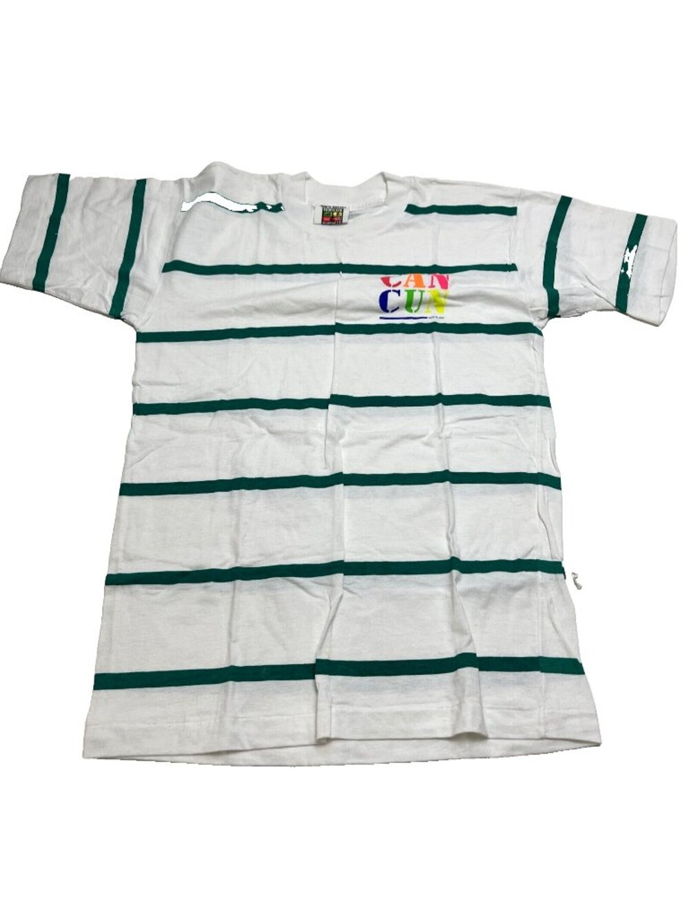 Tropicana Treasures Vintage Cancun Green Striped White T Shirt Size M
